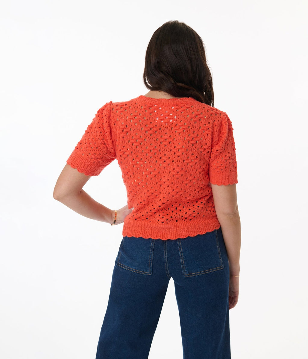 Orange Cropped Pointelle Cardigan - Unique Vintage - Womens, TOPS, SHIRTS