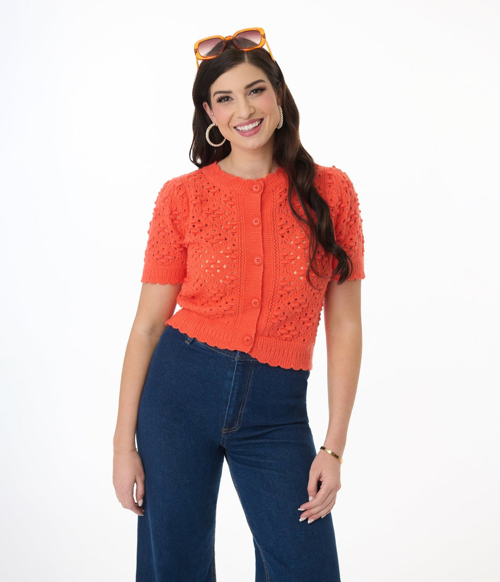 Orange Cropped Pointelle Cardigan - Unique Vintage - Womens, TOPS, SHIRTS