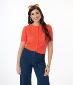 Orange Cropped Pointelle Cardigan - Unique Vintage - Womens, TOPS, SHIRTS