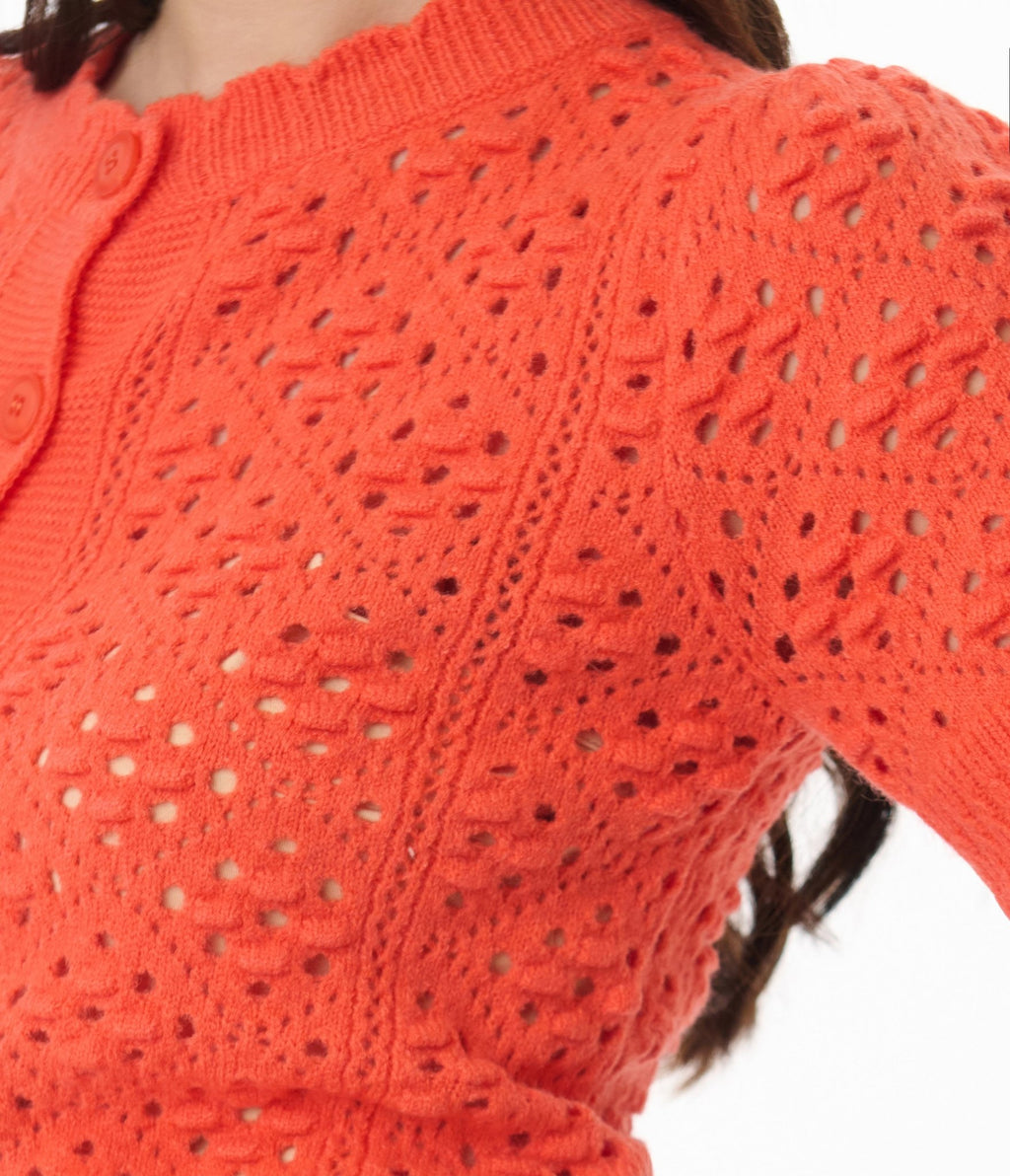 Orange Cropped Pointelle Cardigan - Unique Vintage - Womens, TOPS, SHIRTS