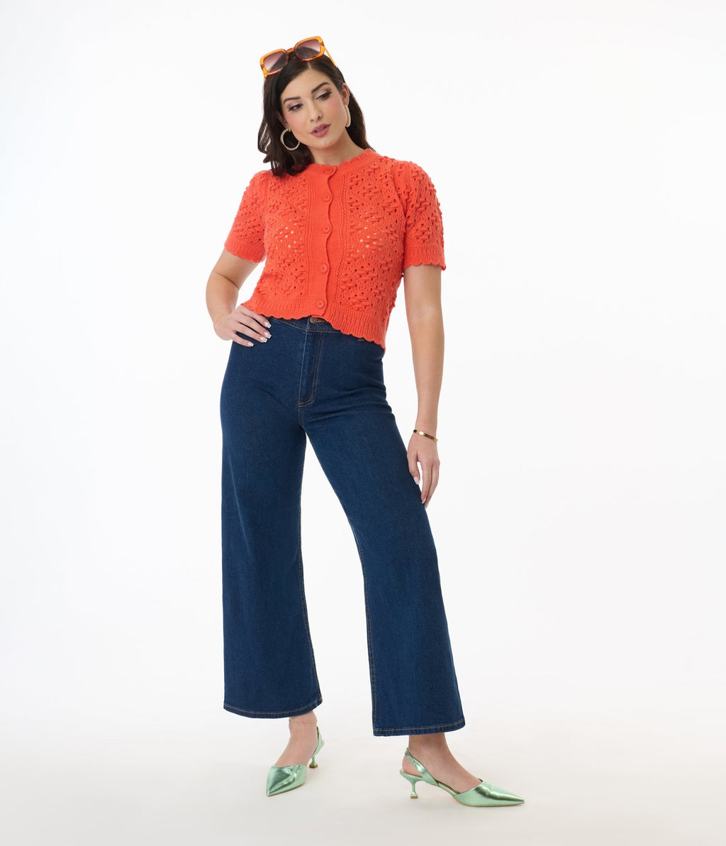 Orange Cropped Pointelle Cardigan - Unique Vintage - Womens, TOPS, SHIRTS