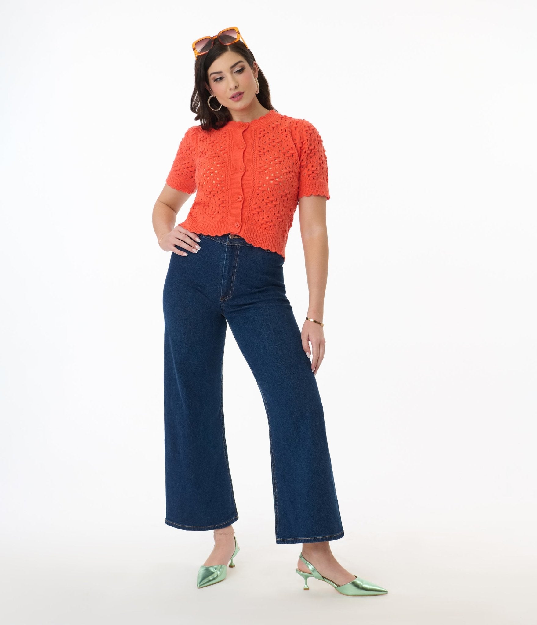 Orange Cropped Pointelle Cardigan - Unique Vintage - Womens, TOPS, SHIRTS