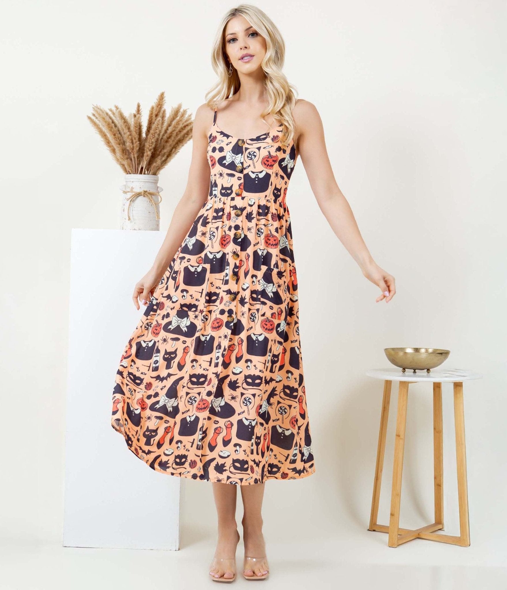 Orange Halloween Print Midi Dress - Unique Vintage - Womens, DRESSES, MIDI