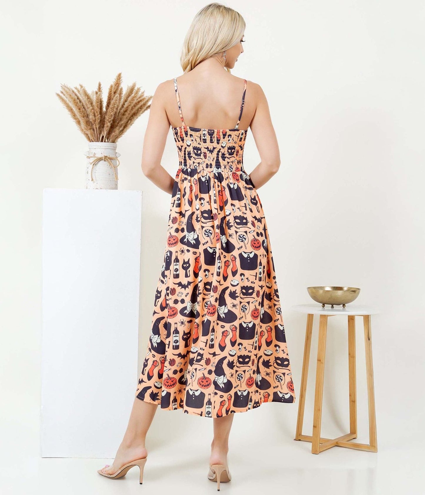 Orange Halloween Print Midi Dress - Unique Vintage - Womens, DRESSES, MIDI