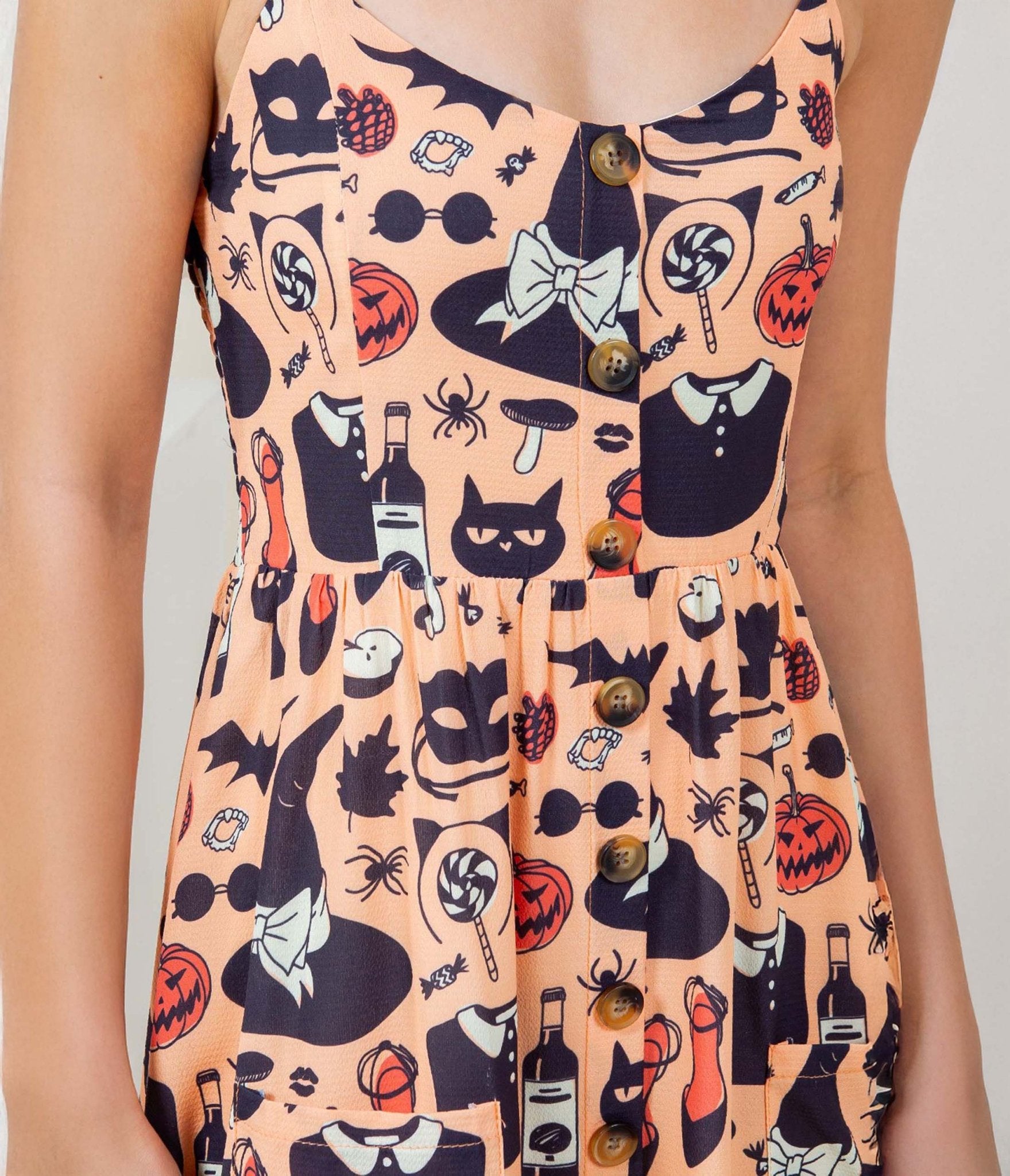 Orange Halloween Print Midi Dress - Unique Vintage - Womens, DRESSES, MIDI