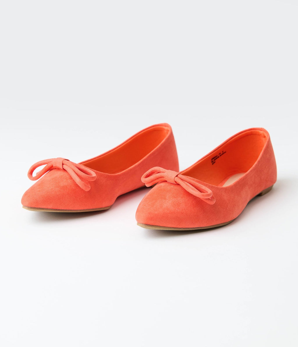 Orange Suede Pointed Toe Bow Flats - Unique Vintage - Womens, SHOES, FLATS