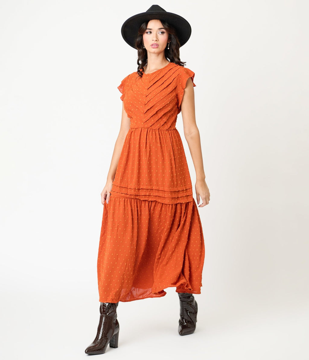 Orange Swiss Dot Willow Maxi Dress - Unique Vintage - Womens, DRESSES, MAXI