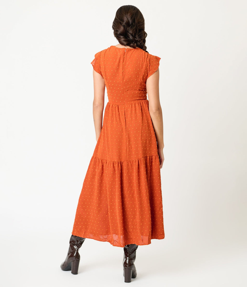 Orange Swiss Dot Willow Maxi Dress - Unique Vintage - Womens, DRESSES, MAXI