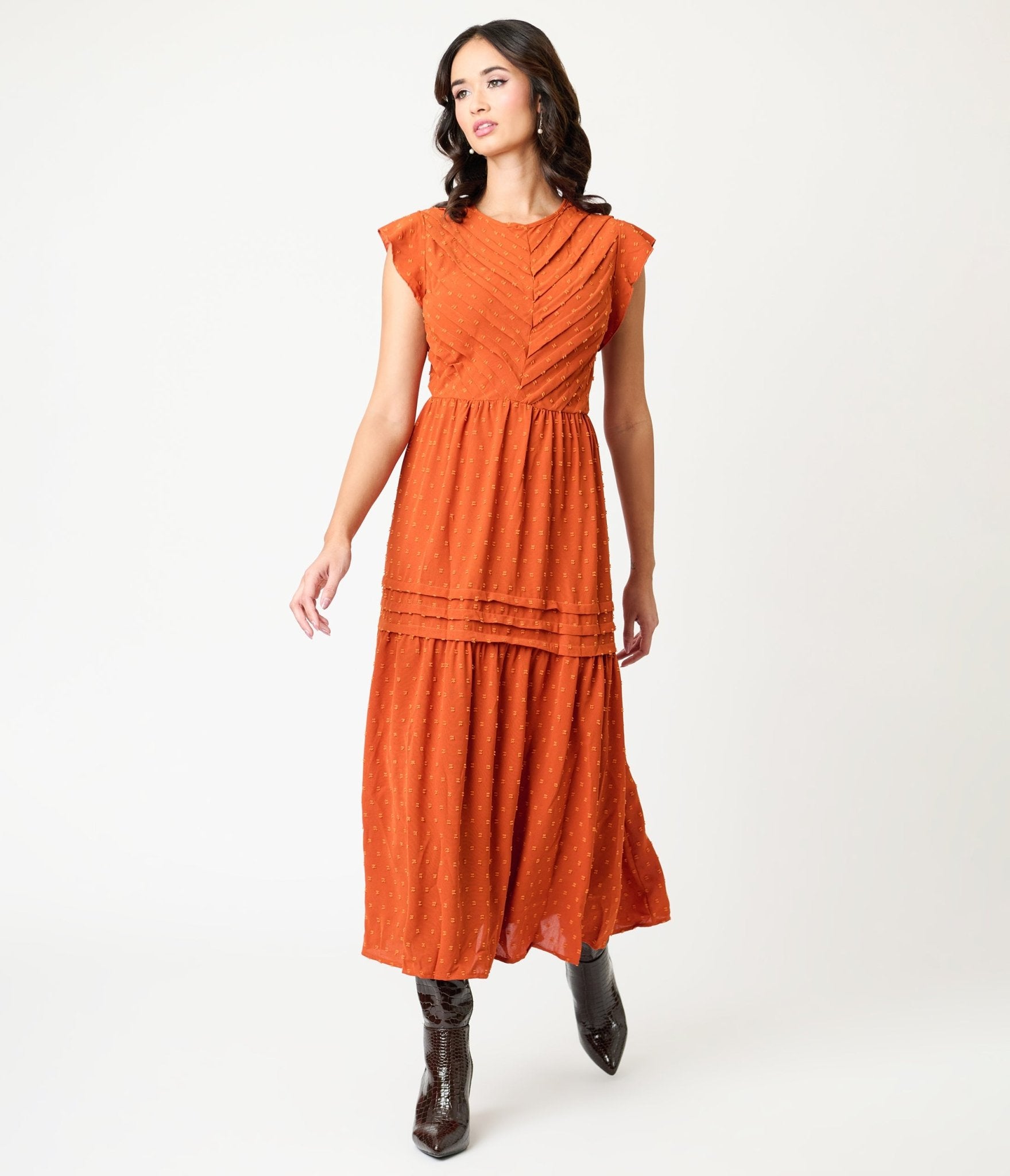 Orange Swiss Dot Willow Maxi Dress - Unique Vintage - Womens, DRESSES, MAXI
