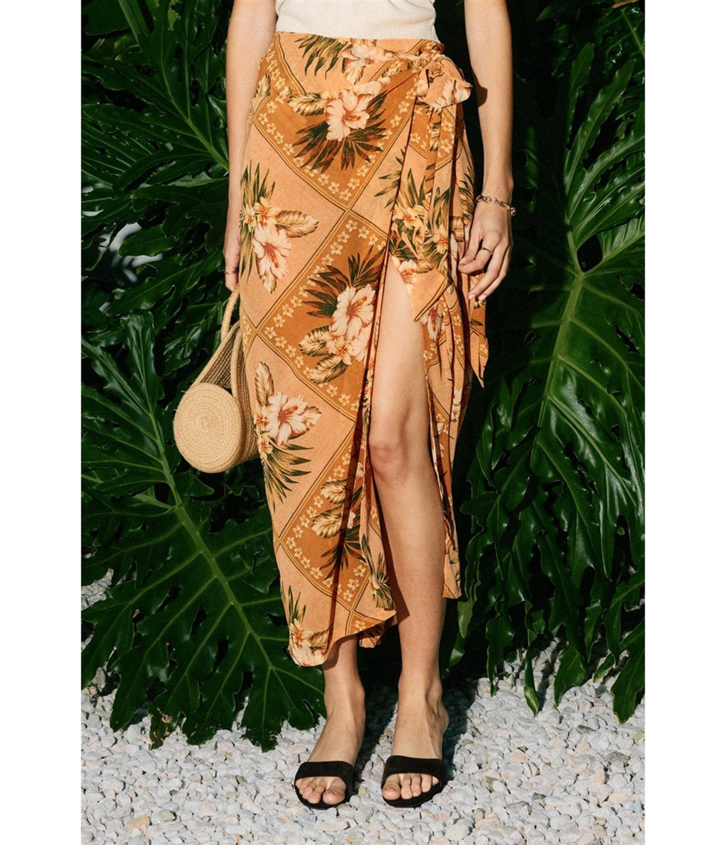 Orange Tropical Print Sarong Skirt - Unique Vintage - Womens, BOTTOMS, SKIRTS