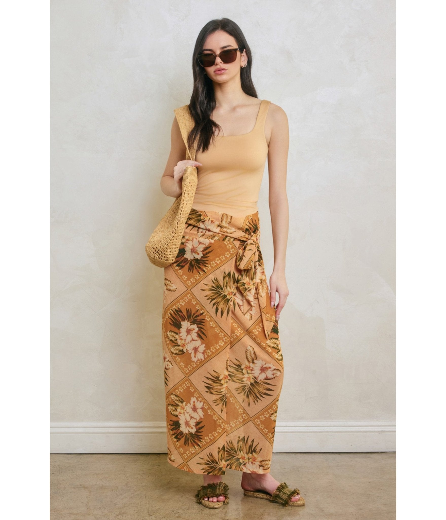 Orange Tropical Print Sarong Skirt - Unique Vintage - Womens, BOTTOMS, SKIRTS