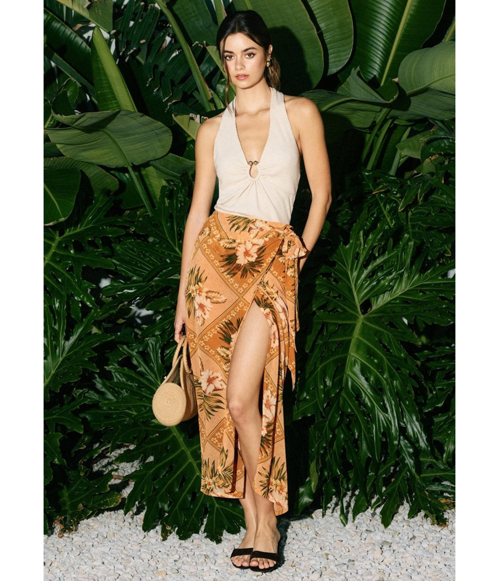 Orange Tropical Print Sarong Skirt - Unique Vintage - Womens, BOTTOMS, SKIRTS