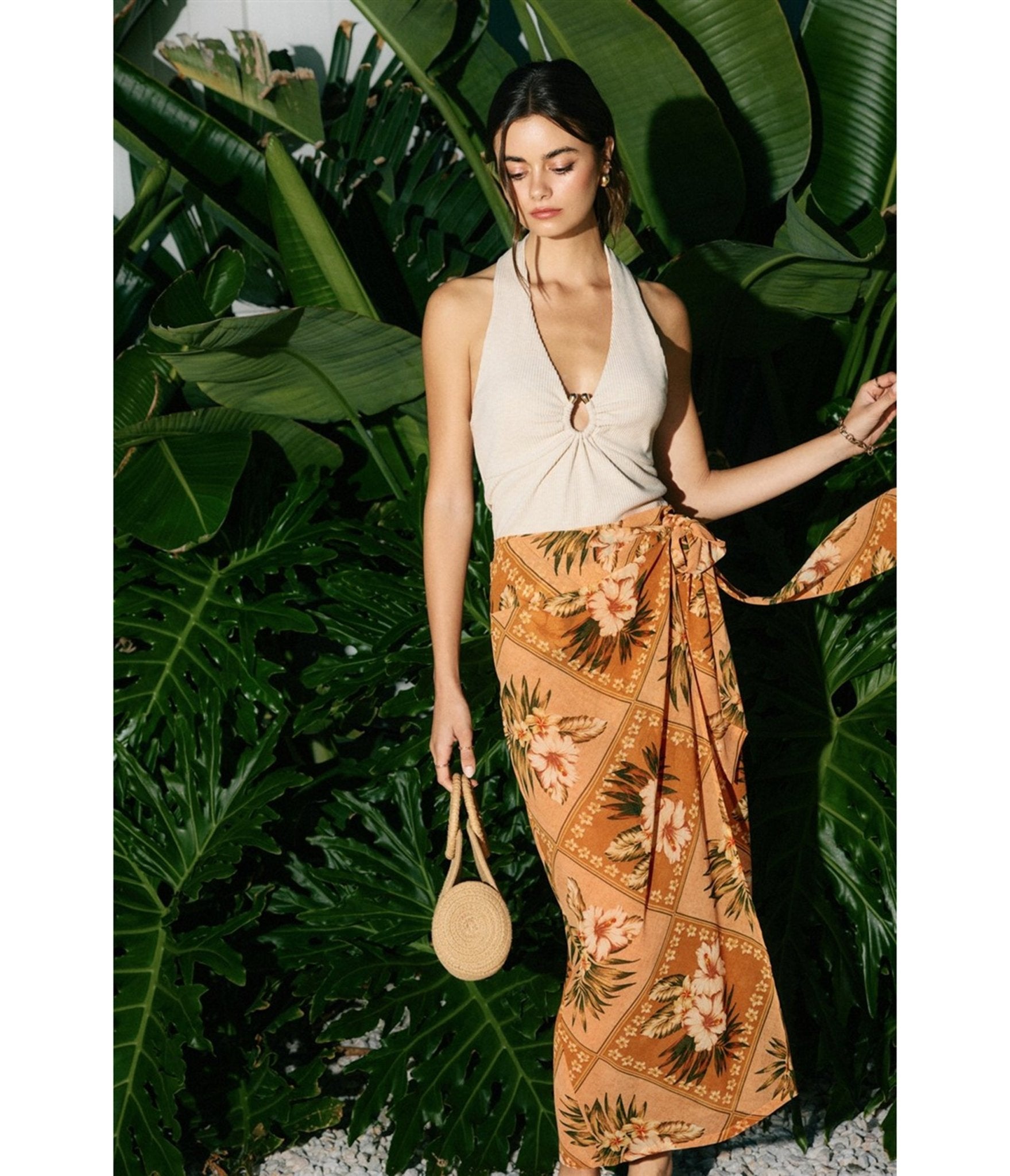 Orange Tropical Print Sarong Skirt - Unique Vintage - Womens, BOTTOMS, SKIRTS
