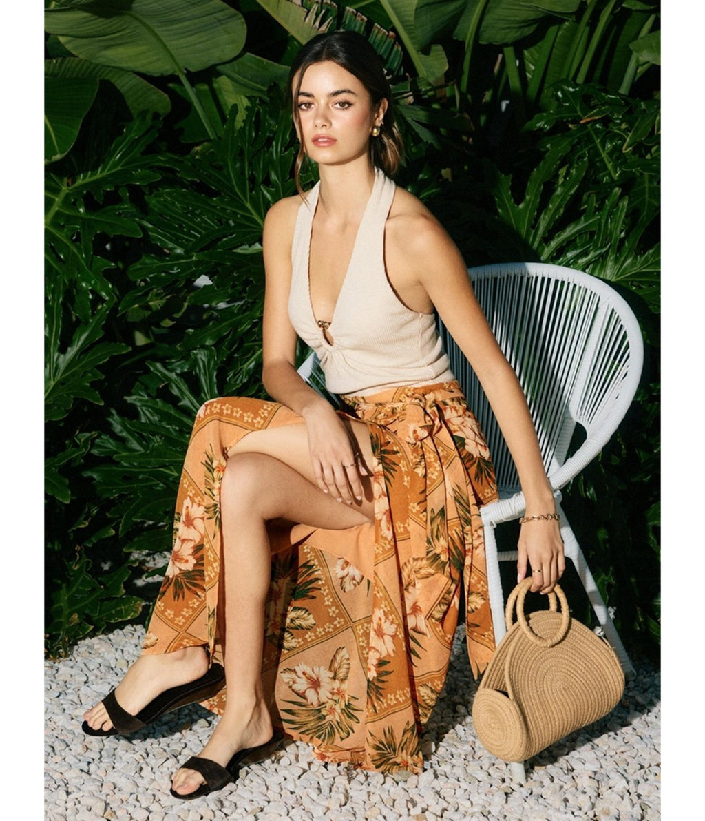 Orange Tropical Print Sarong Skirt - Unique Vintage - Womens, BOTTOMS, SKIRTS