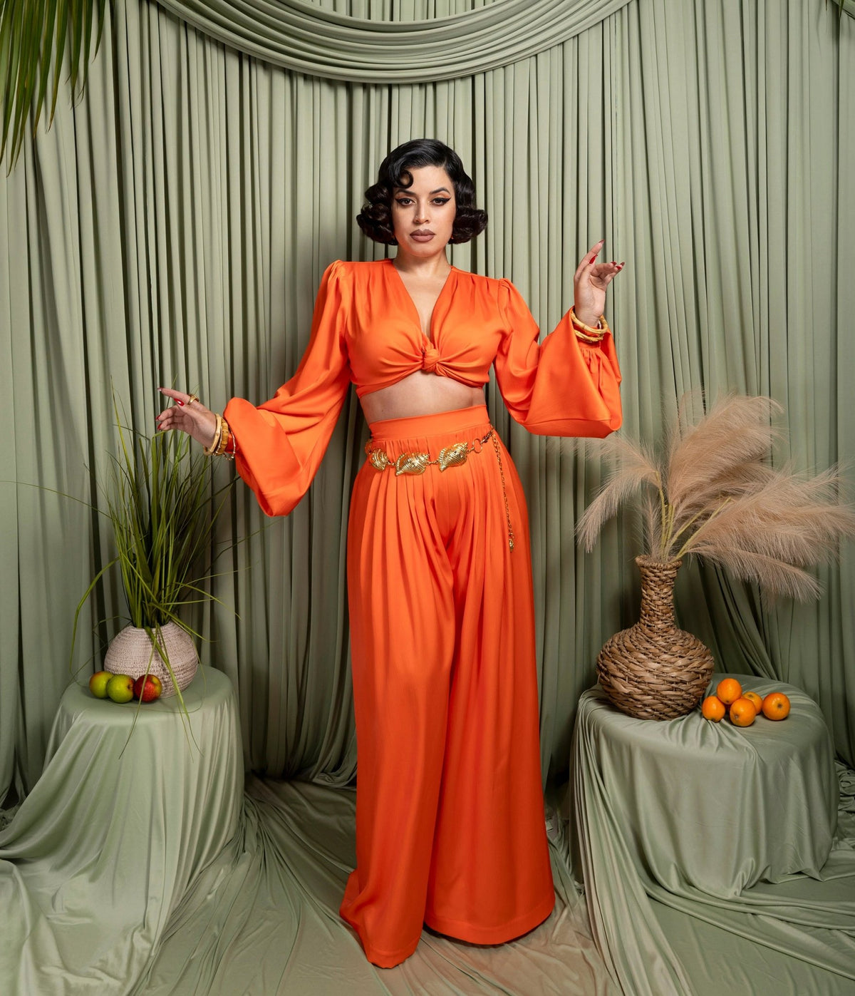 Orange Twist Front Bell Sleeve Crop Top & Wide Leg Pants Set - Unique Vintage - Sets
