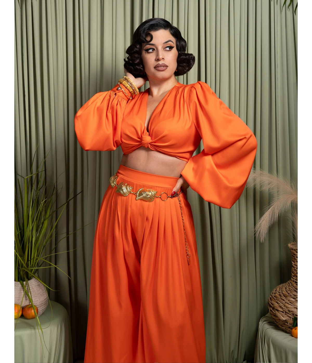 Orange Twist Front Bell Sleeve Crop Top & Wide Leg Pants Set - Unique Vintage - Sets