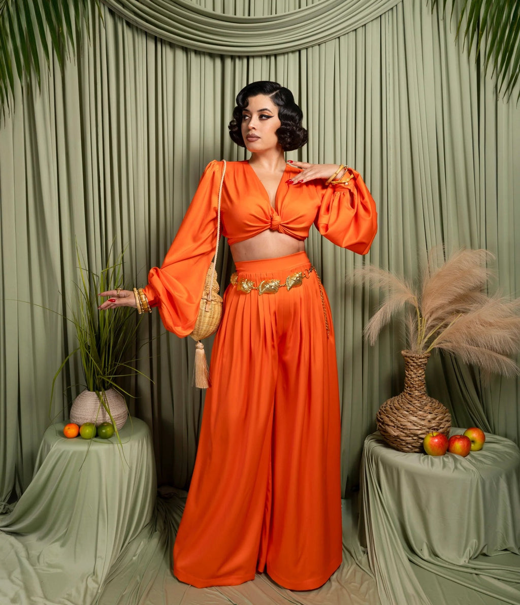Orange Twist Front Bell Sleeve Crop Top & Wide Leg Pants Set - Unique Vintage - Sets