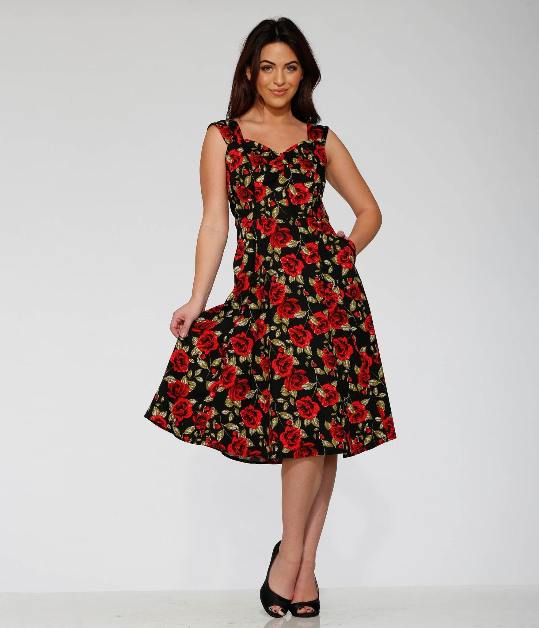 Orchid Bloom Black & Red Rose Cotton Swing Dress - Unique Vintage - Womens, DRESSES, SWING