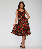 Orchid Bloom Black & Red Rose Cotton Swing Dress - Unique Vintage - Womens, DRESSES, SWING