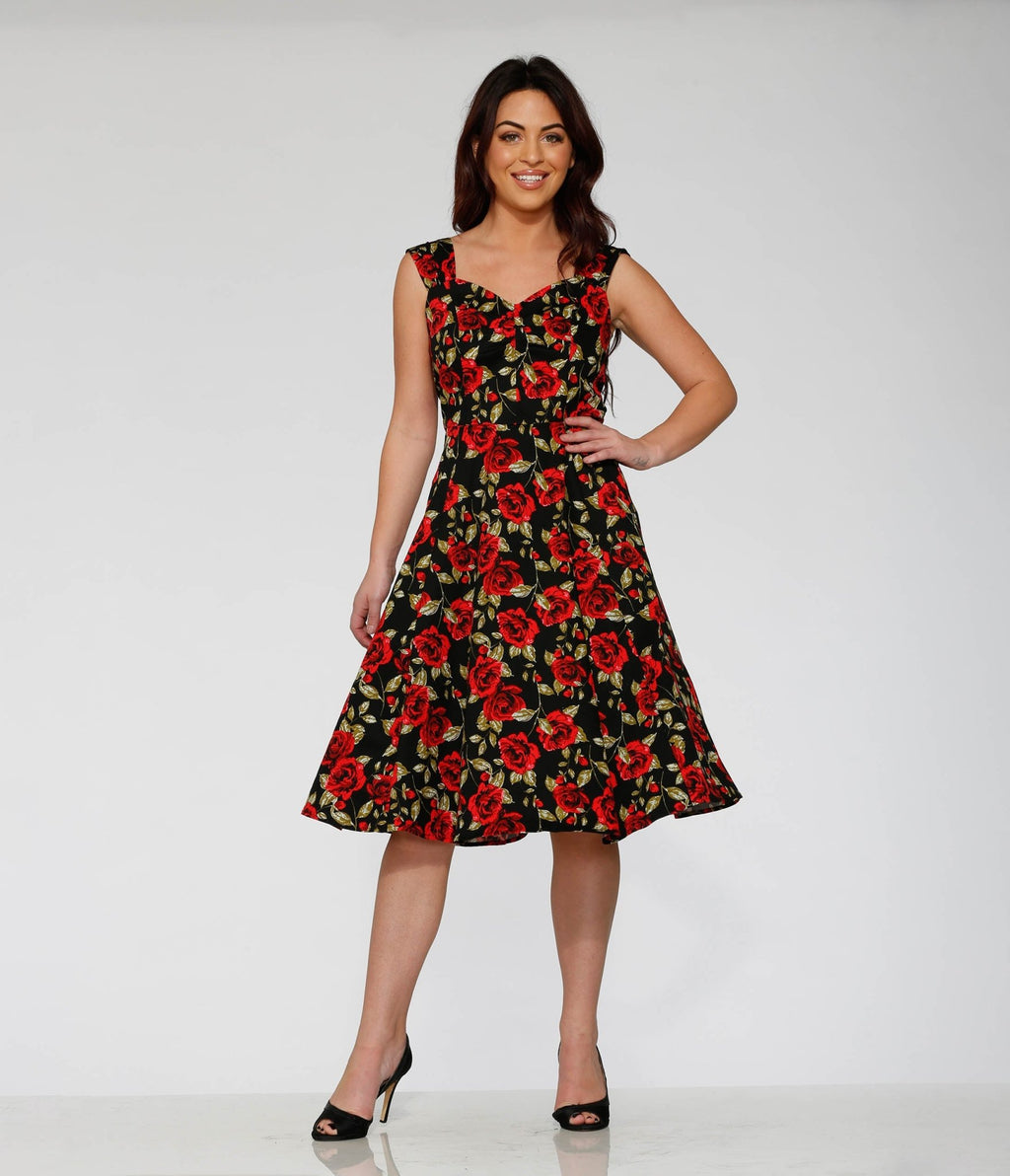 Orchid Bloom Black & Red Rose Cotton Swing Dress - Unique Vintage - Womens, DRESSES, SWING
