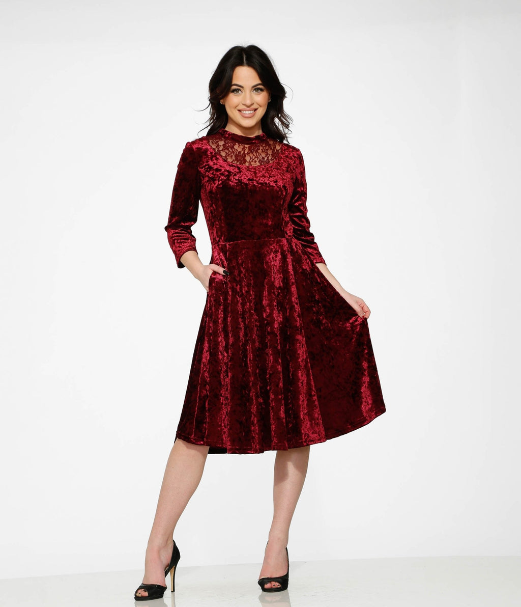 Orchid Bloom Burgundy Crushed Velvet Swing Dress - Unique Vintage - Womens, DRESSES, SWING