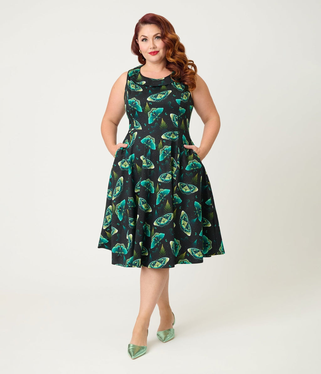 Orchid Bloom Plus Size Black & Blue Butterfly Cotton Swing Dress - Unique Vintage - Womens, DRESSES, A - LINE