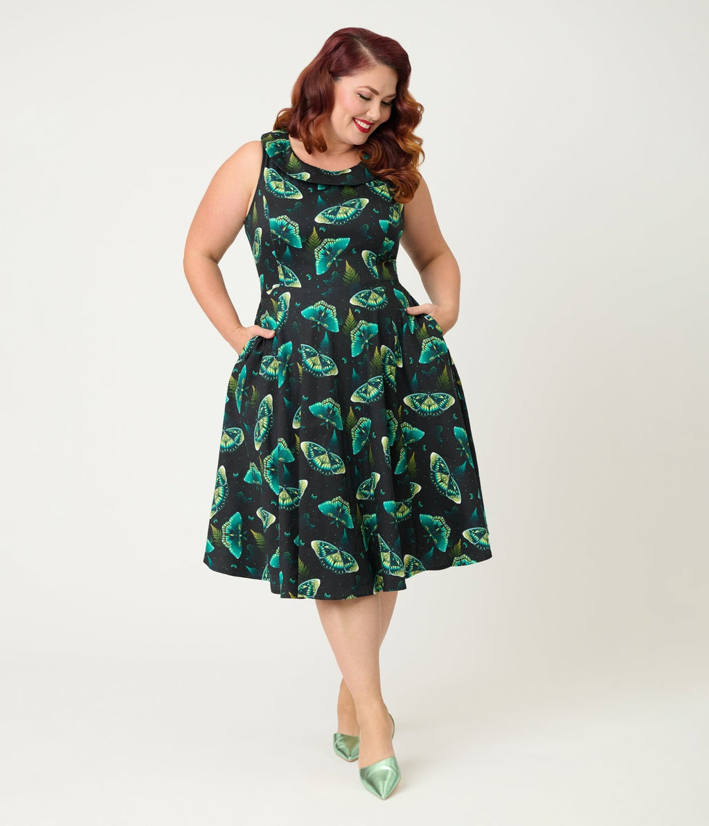 Orchid Bloom Plus Size Black & Blue Butterfly Cotton Swing Dress - Unique Vintage - Womens, DRESSES, A - LINE