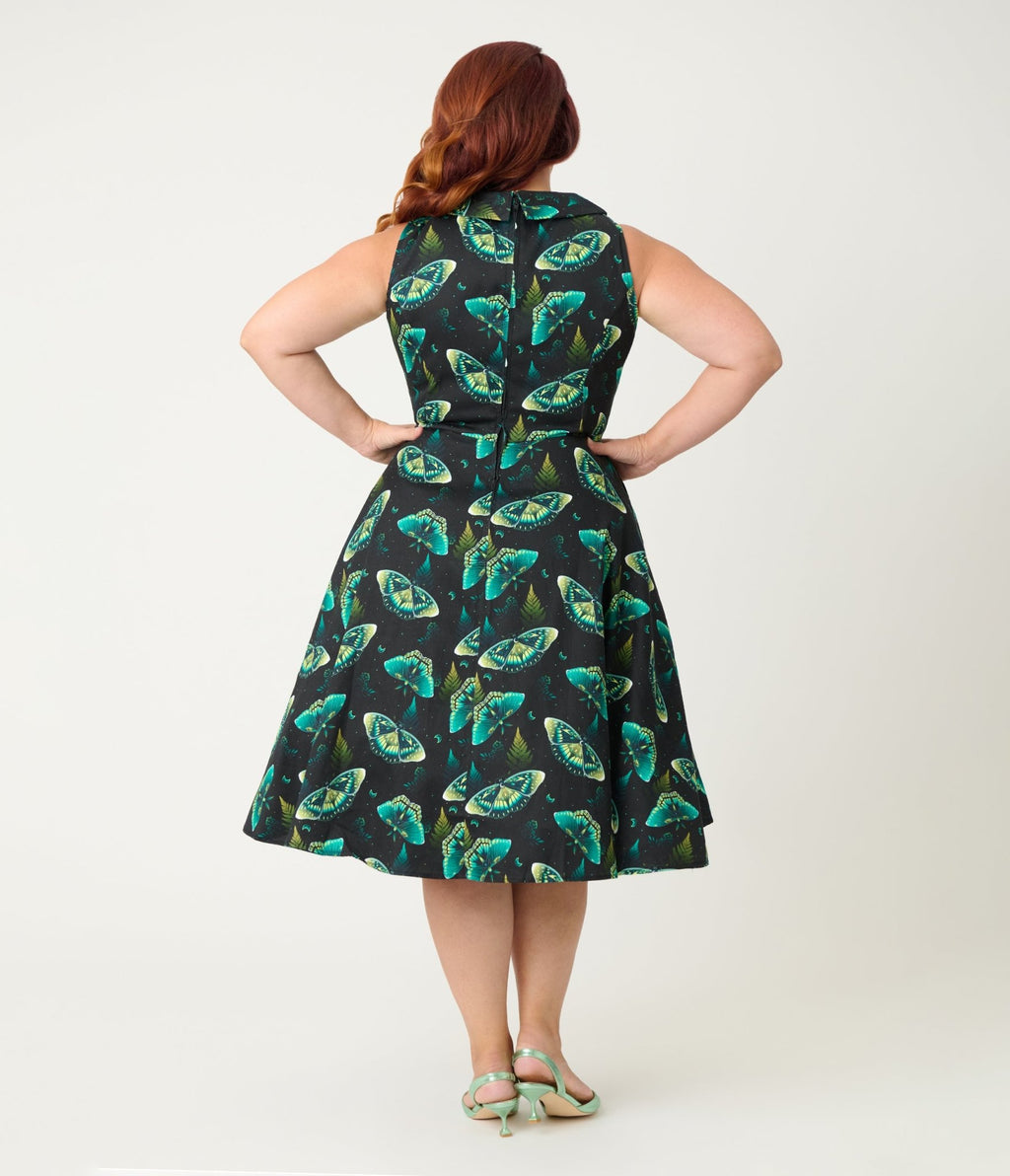 Orchid Bloom Plus Size Black & Blue Butterfly Cotton Swing Dress - Unique Vintage - Womens, DRESSES, A - LINE