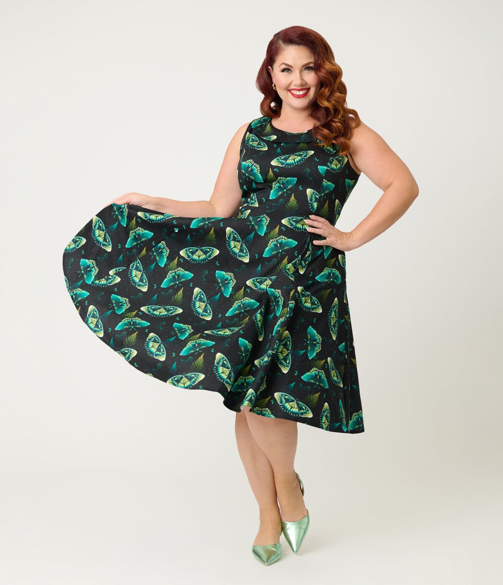 Orchid Bloom Plus Size Black & Blue Butterfly Cotton Swing Dress - Unique Vintage - Womens, DRESSES, A - LINE