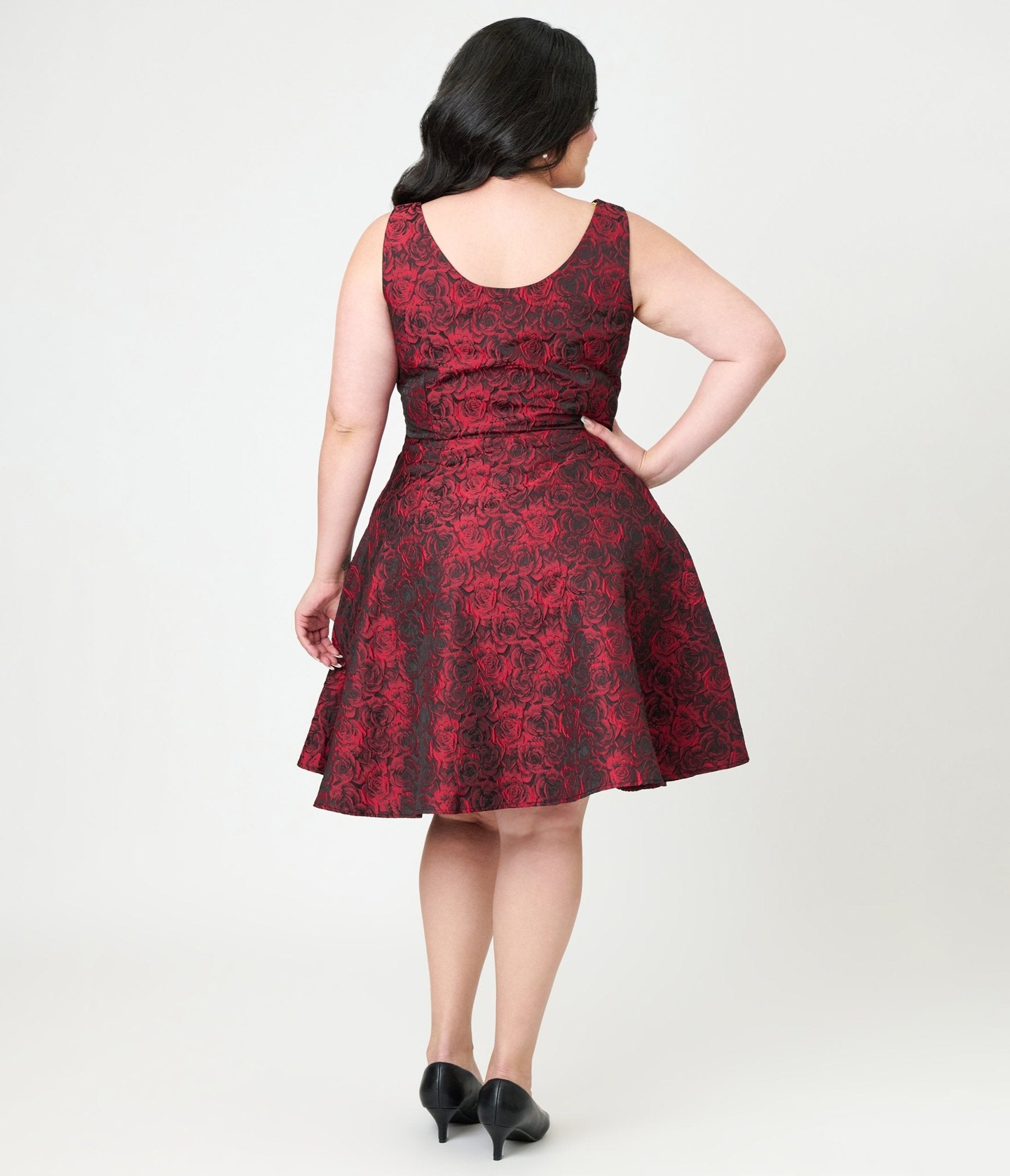 Orchid Bloom Plus Size Red Rose Jacquard Swing Dress - Unique Vintage - Womens, DRESSES, A - LINE