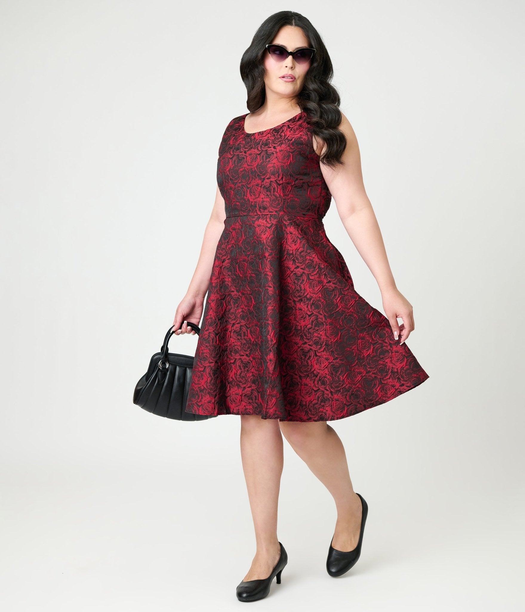 Orchid Bloom Plus Size Red Rose Jacquard Swing Dress - Unique Vintage - Womens, DRESSES, A - LINE