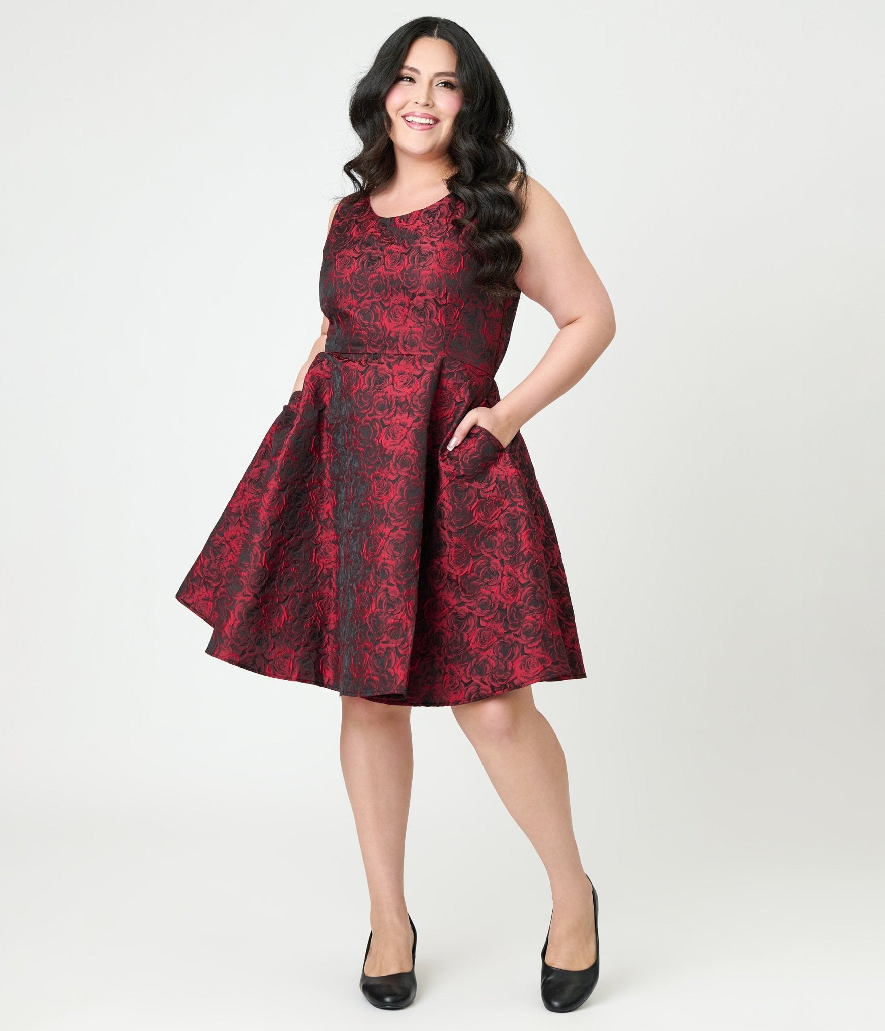 Orchid Bloom Plus Size Red Rose Jacquard Swing Dress - Unique Vintage - Womens, DRESSES, A - LINE