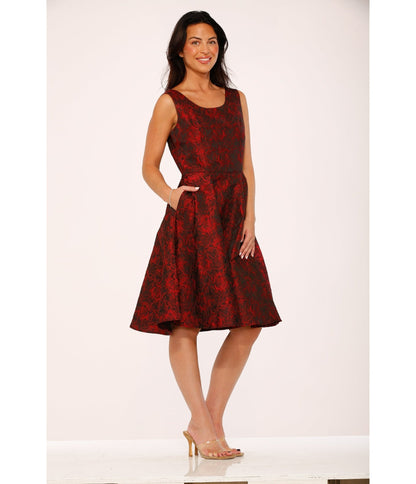 Orchid Bloom Red Rose Jacquard Swing Dress - Unique Vintage - Womens, DRESSES, A - LINE