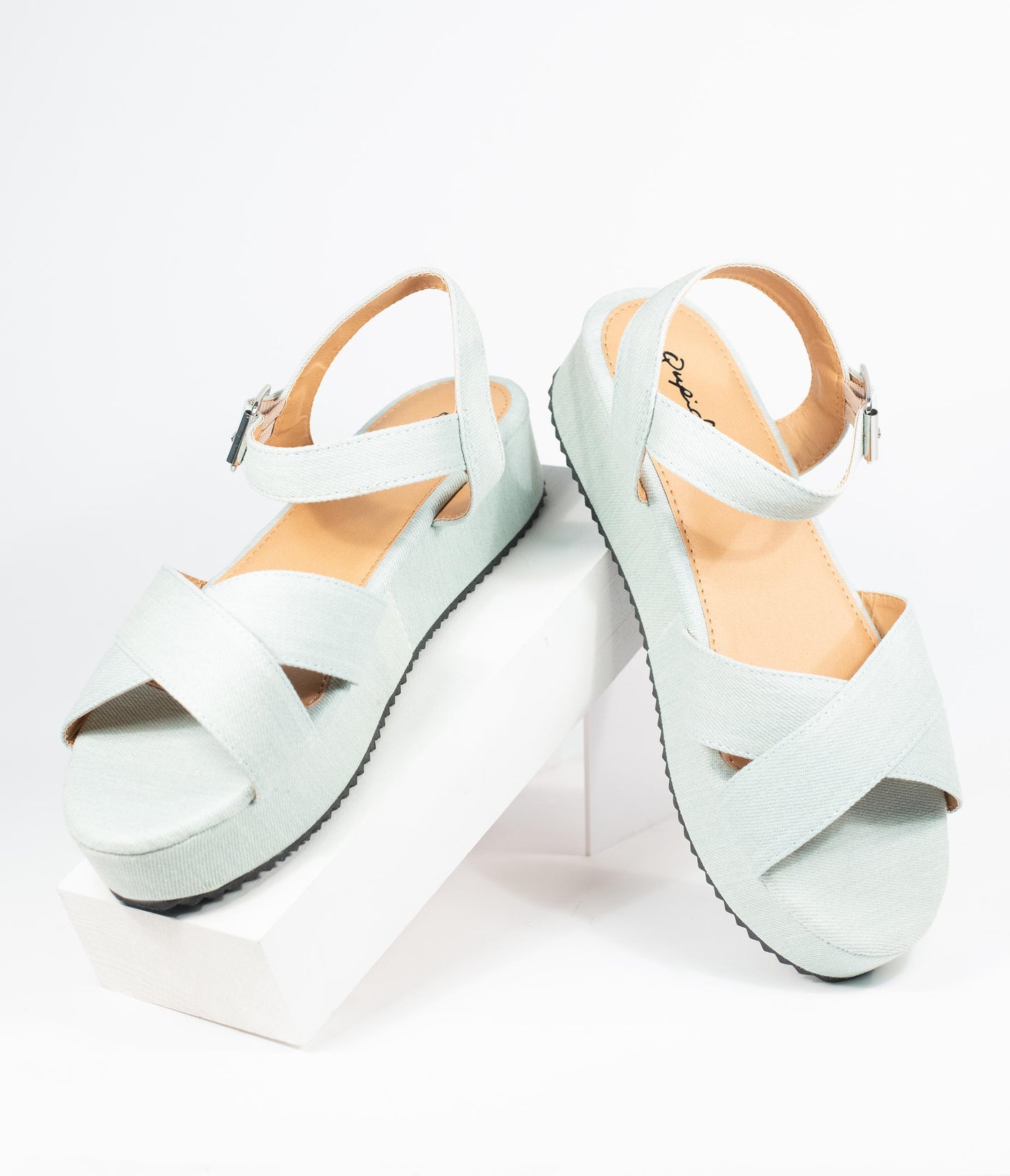 Pale Blue Denim Cross Strap Platform Keliko Sandals - Unique Vintage - Womens, SHOES, SANDALS