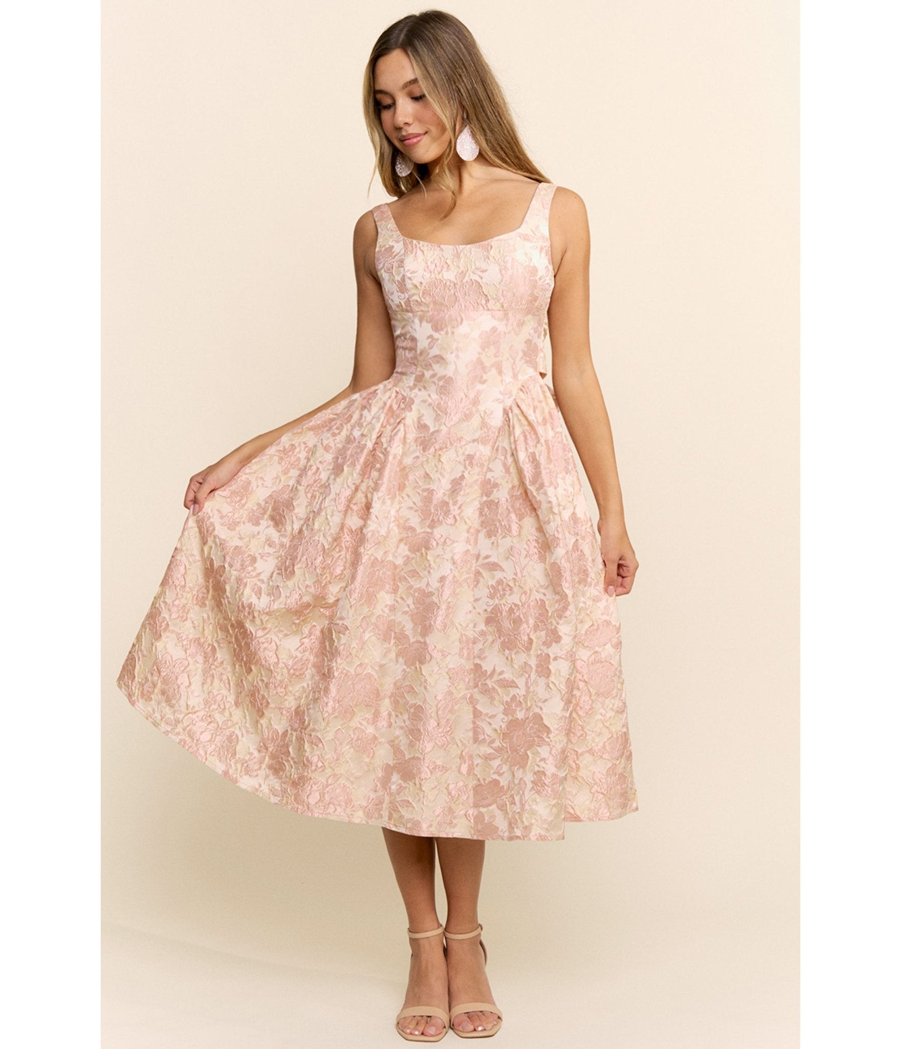 Peach Floral Jacquard Midi Dress - Unique Vintage - Womens, DRESSES, MIDI