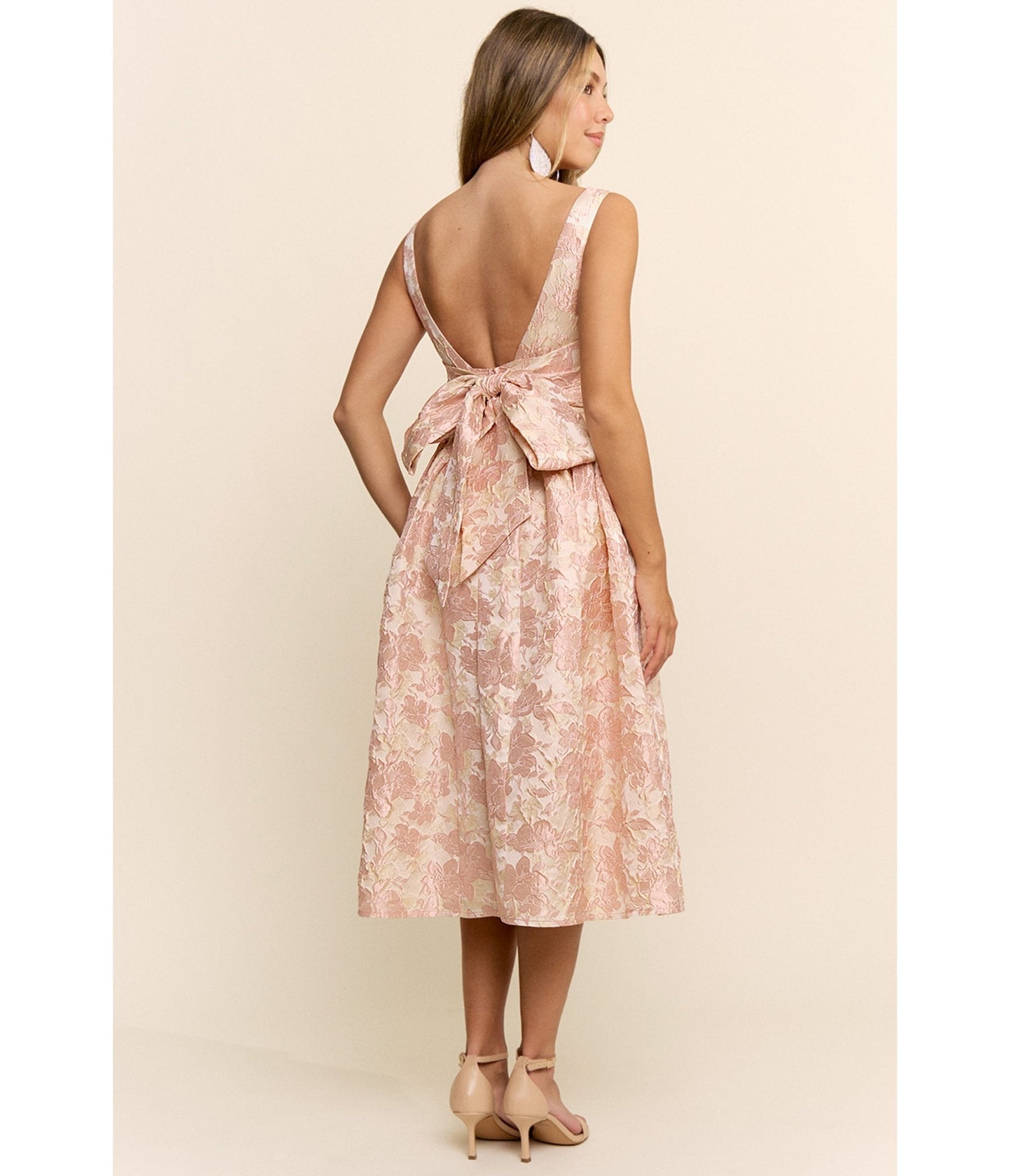 Peach Floral Jacquard Midi Dress - Unique Vintage - Womens, DRESSES, MIDI