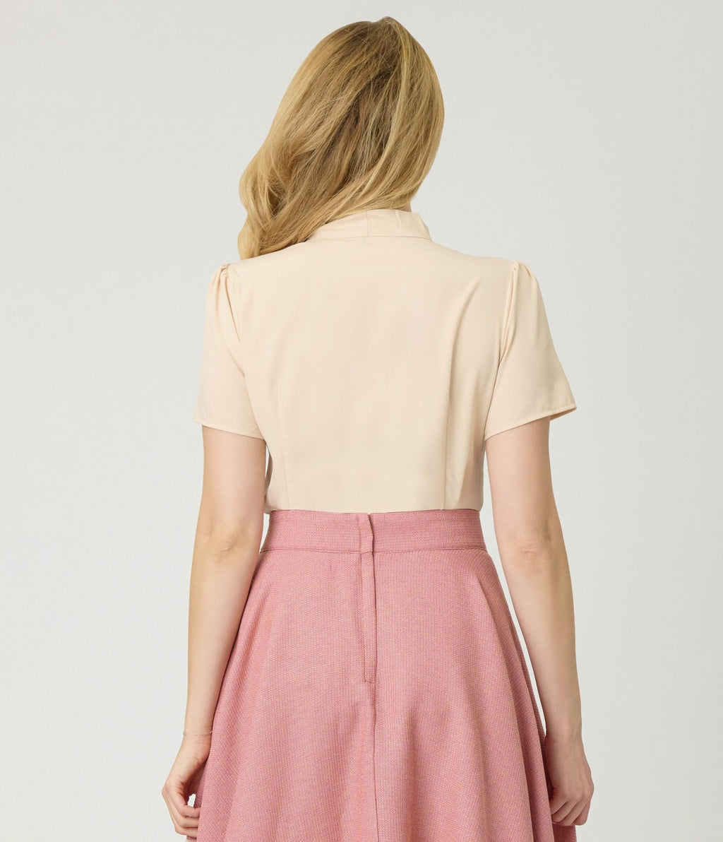 Peach Short Sleeve Bow Blouse - Unique Vintage - Womens, TOPS, SHIRTS