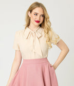 Peach Short Sleeve Bow Blouse - Unique Vintage - Womens, TOPS, SHIRTS