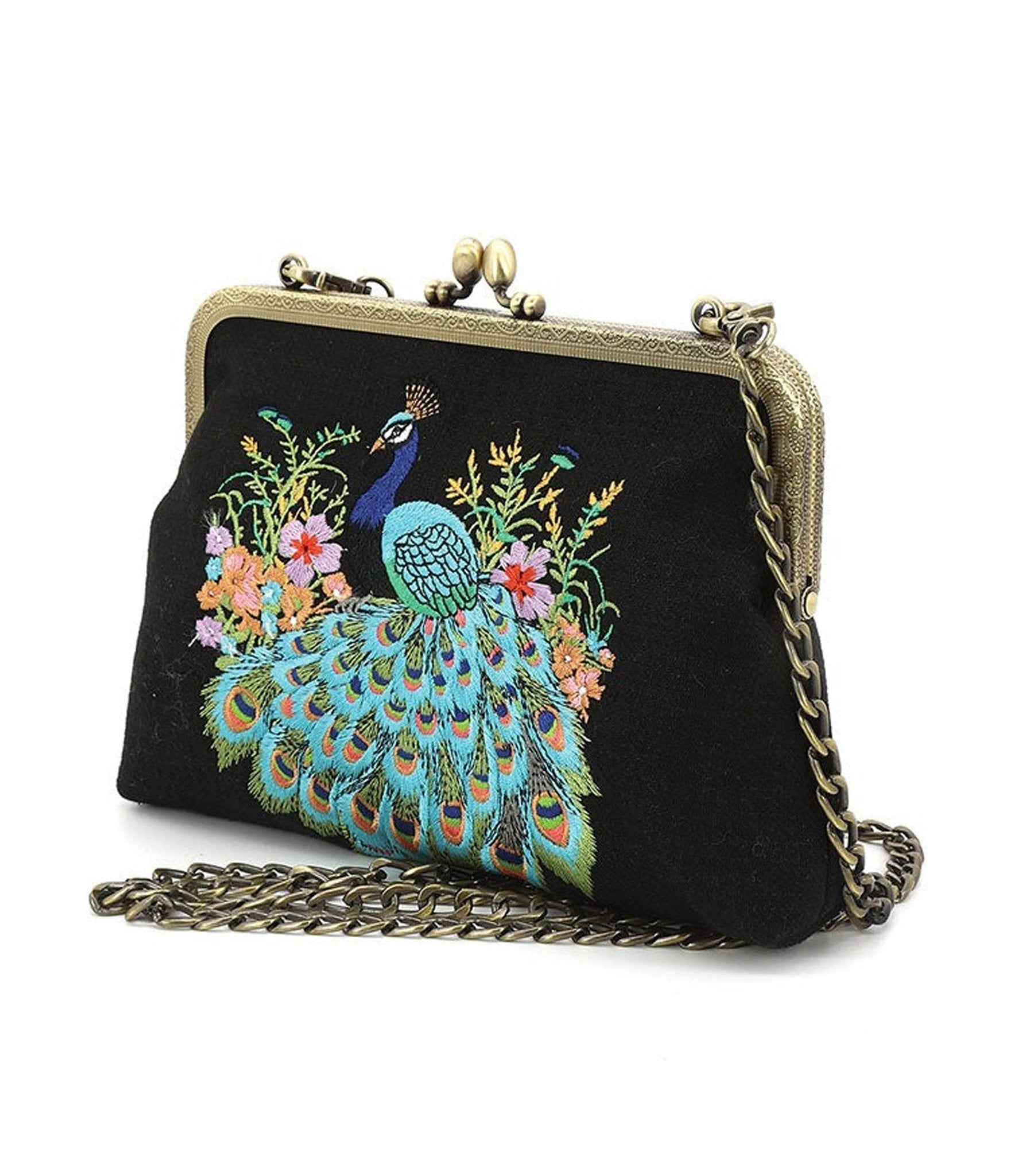 Peacock Kisslock Embroidered Bag - Unique Vintage - Womens, ACCESSORIES, HANDBAGS