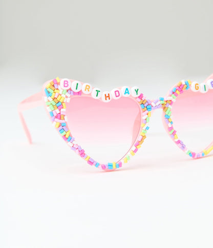 Pink Birthday Girl Sprinkle Beaded Heart Shaped Sunglasses - Unique Vintage - Womens, ACCESSORIES, SUNGLASSES