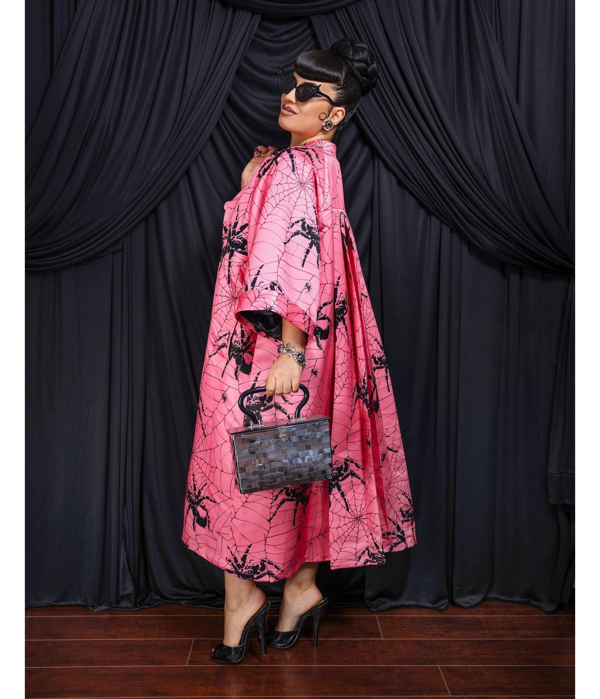 Pink & Black Spider Print Morticia Set - Unique Vintage - Womens, DRESSES, WIGGLE