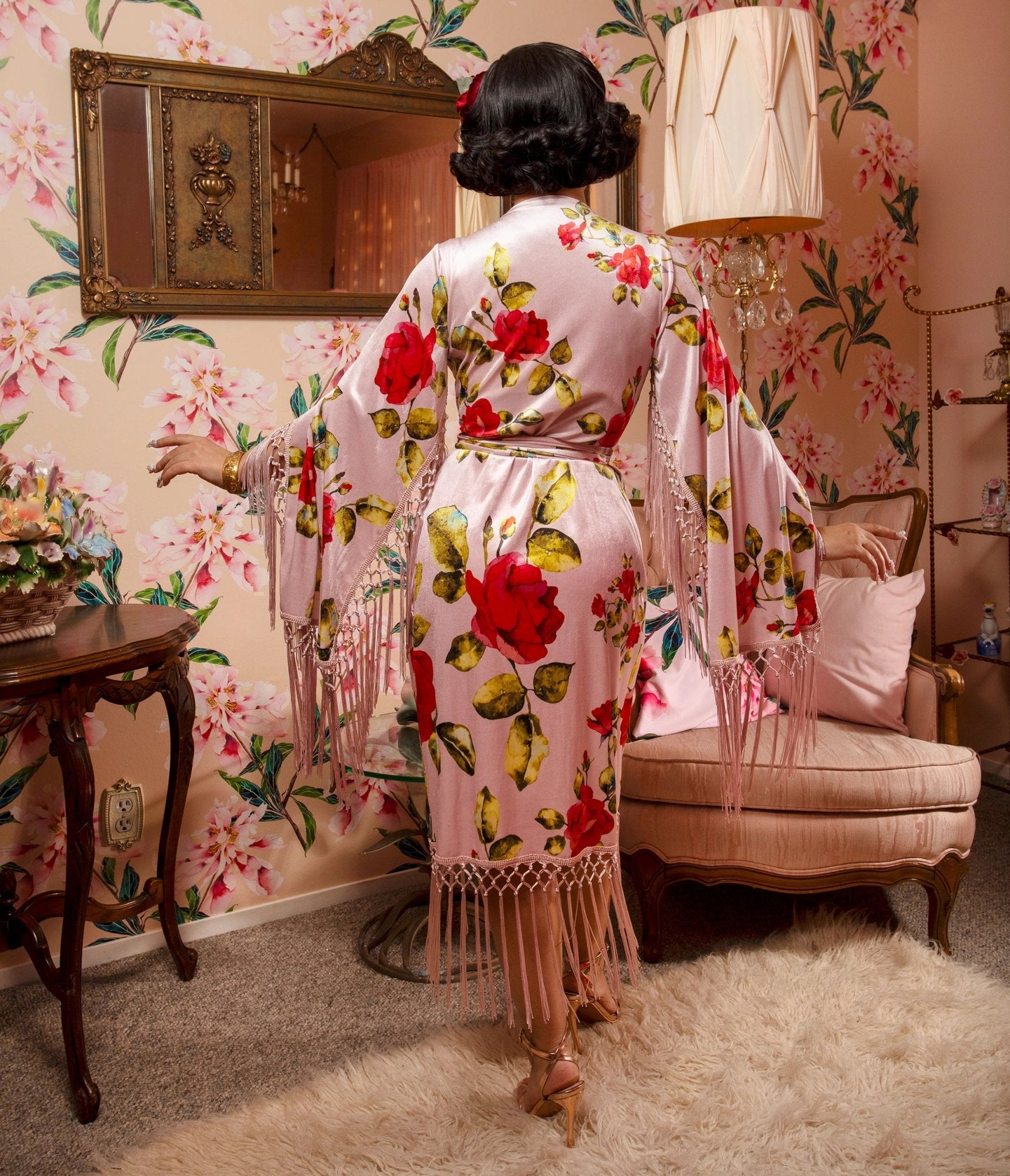 Pink Floral Fringed Magdalena Velvet Wrap Dress - Unique Vintage - Womens, DRESSES, A - LINE