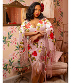 Pink Floral Fringed Magdalena Velvet Wrap Dress - Unique Vintage - Womens, DRESSES, A - LINE