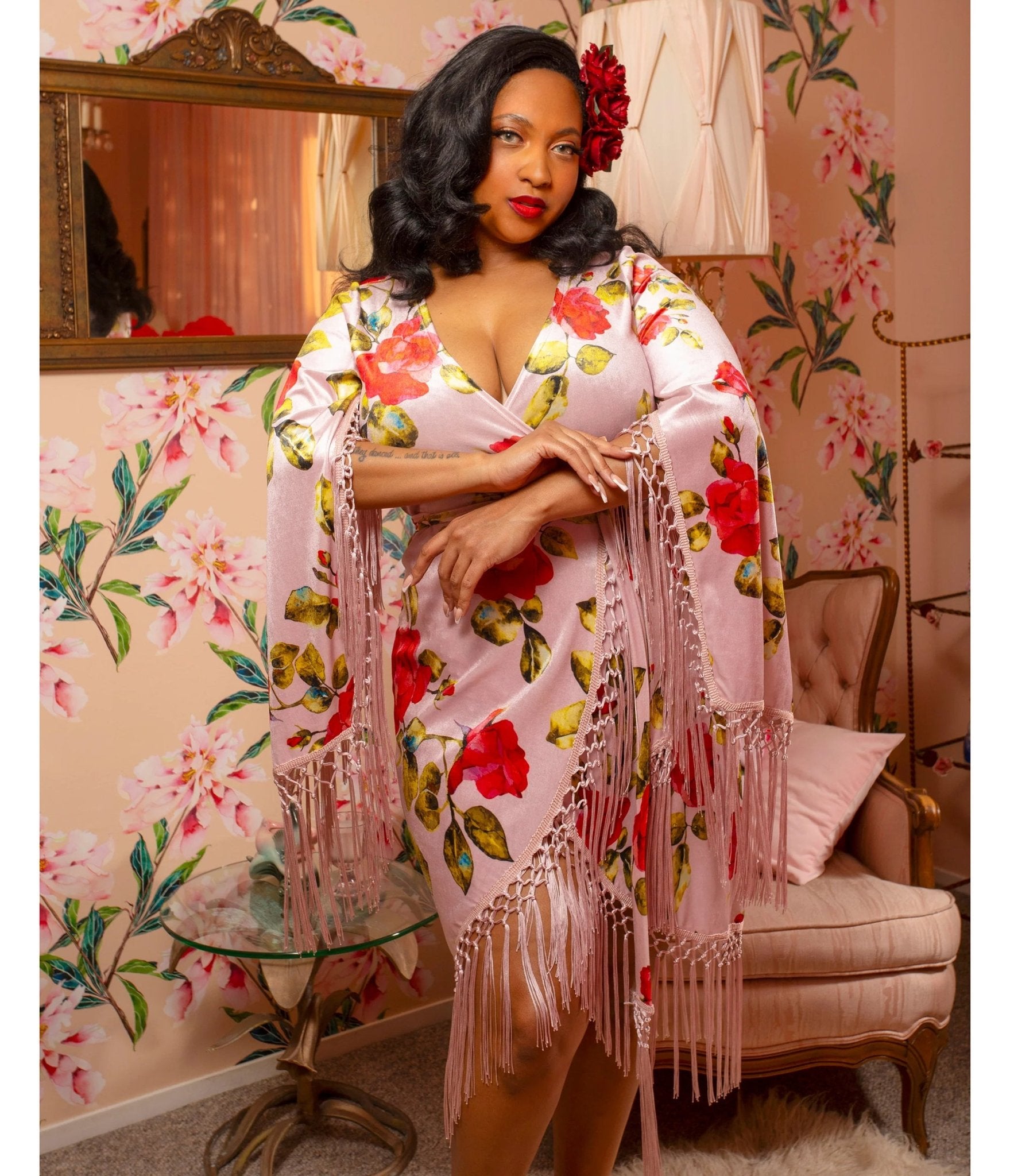 Pink Floral Fringed Magdalena Velvet Wrap Dress - Unique Vintage - Womens, DRESSES, A - LINE