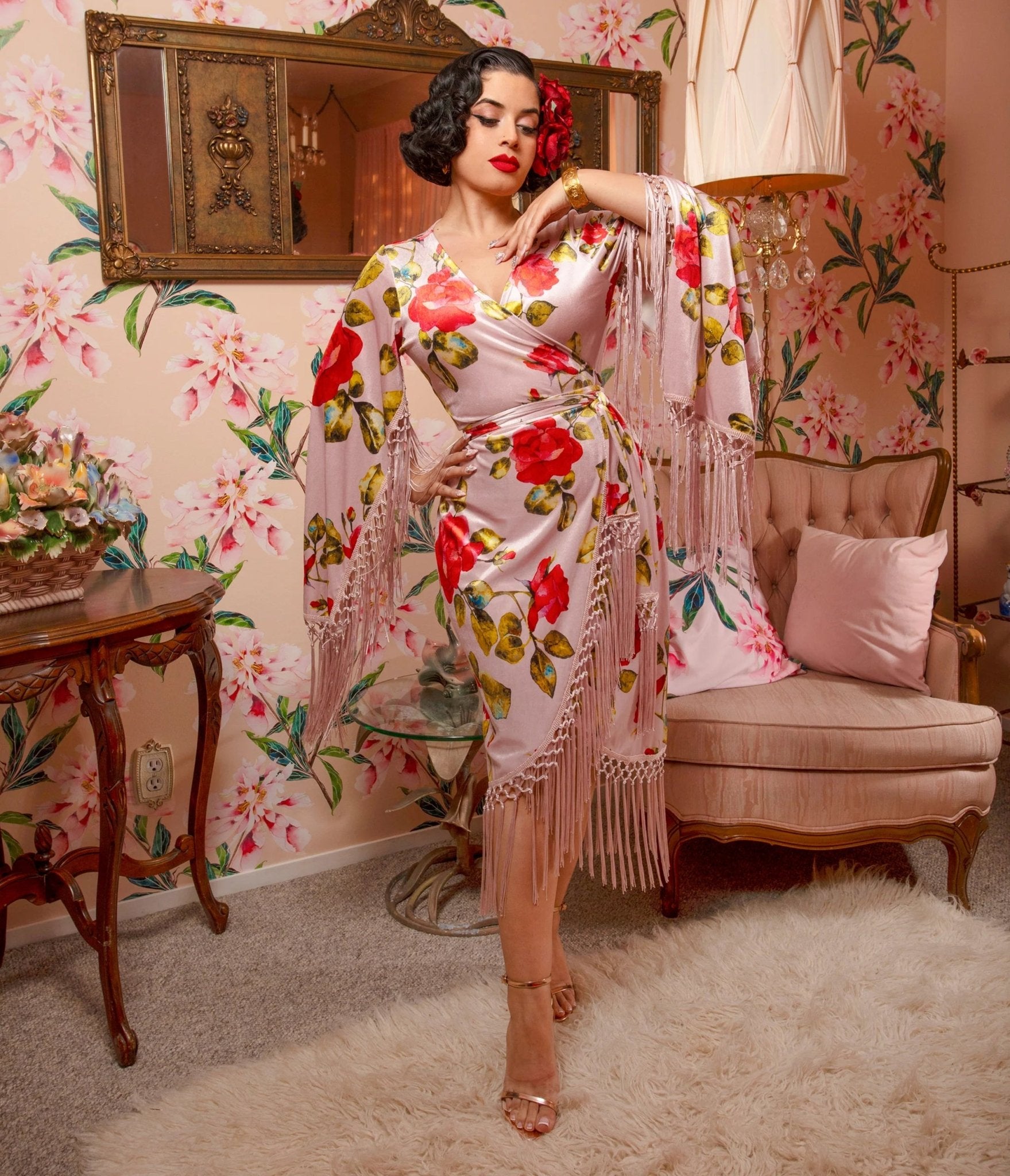 Pink Floral Fringed Magdalena Velvet Wrap Dress - Unique Vintage - Womens, DRESSES, A - LINE
