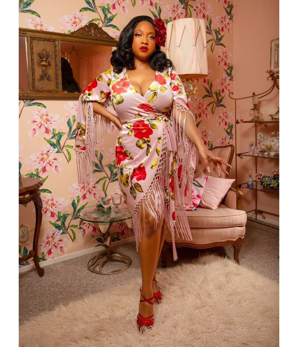 Pink Floral Fringed Magdalena Velvet Wrap Dress - Unique Vintage - Womens, DRESSES, A - LINE