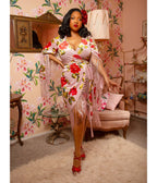 Pink Floral Fringed Magdalena Velvet Wrap Dress - Unique Vintage - Womens, DRESSES, A - LINE