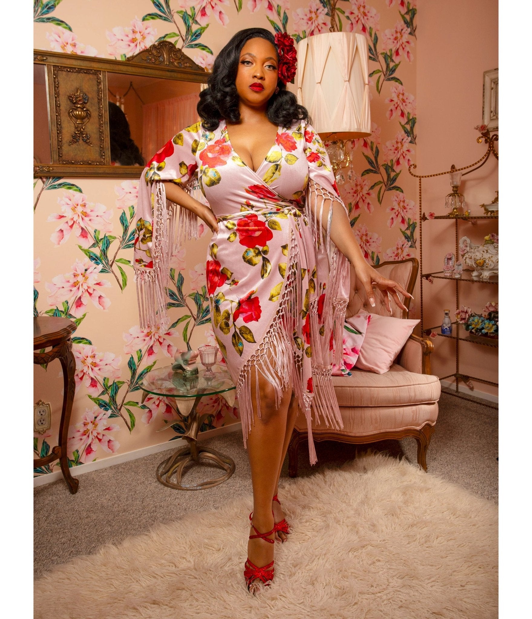 Pink Floral Fringed Magdalena Velvet Wrap Dress - Unique Vintage - Womens, DRESSES, A - LINE