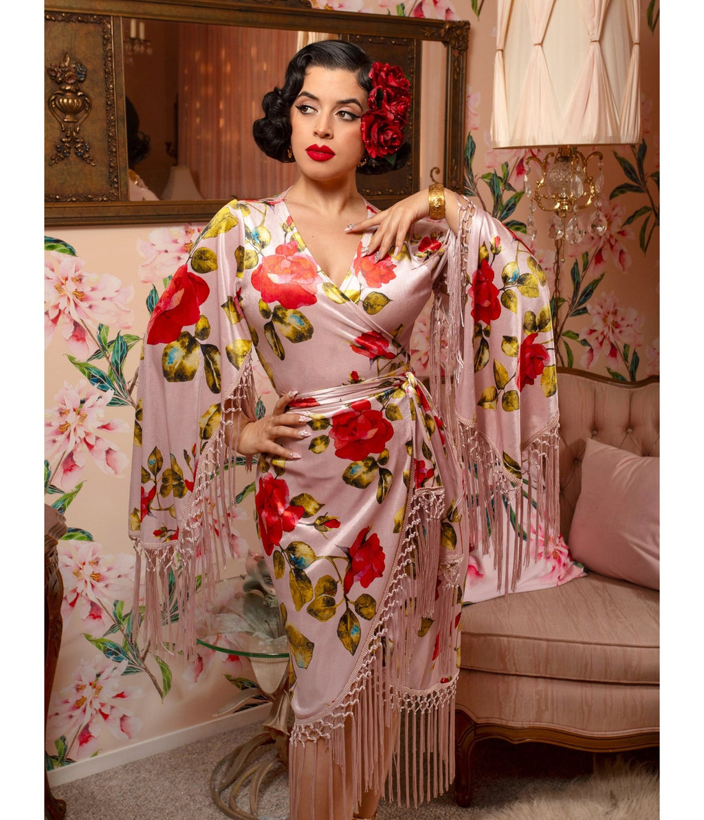 Pink Floral Fringed Magdalena Velvet Wrap Dress - Unique Vintage - Womens, DRESSES, A - LINE