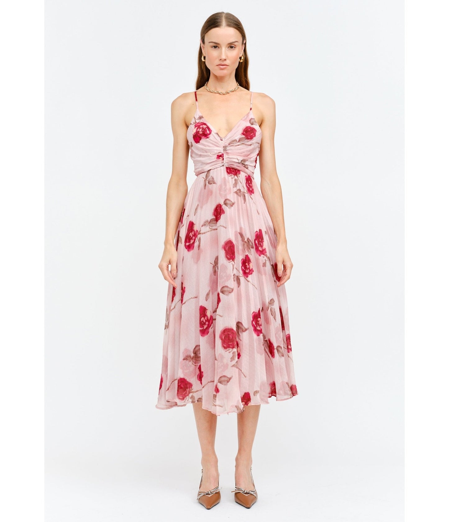 Pink Floral Printed Pleated Midi Dress - Unique Vintage - Womens, DRESSES, MIDI